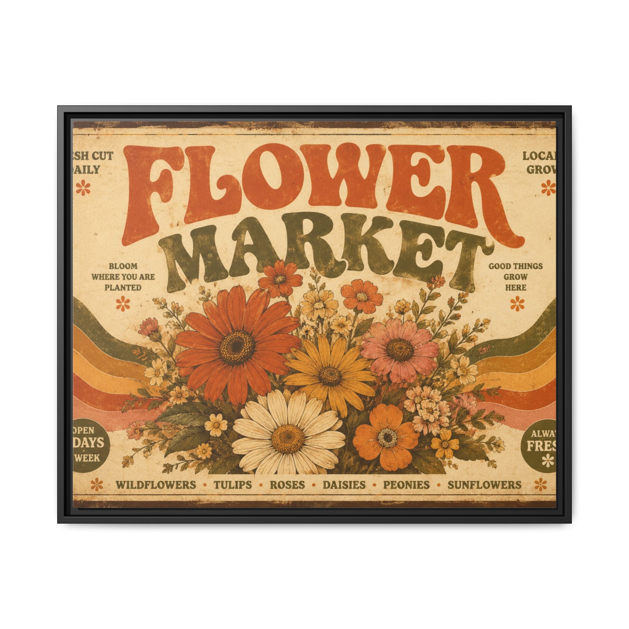 Vintage Flower Market Poster Print | Retro 70s Wall Art | Groovy Floral Decor