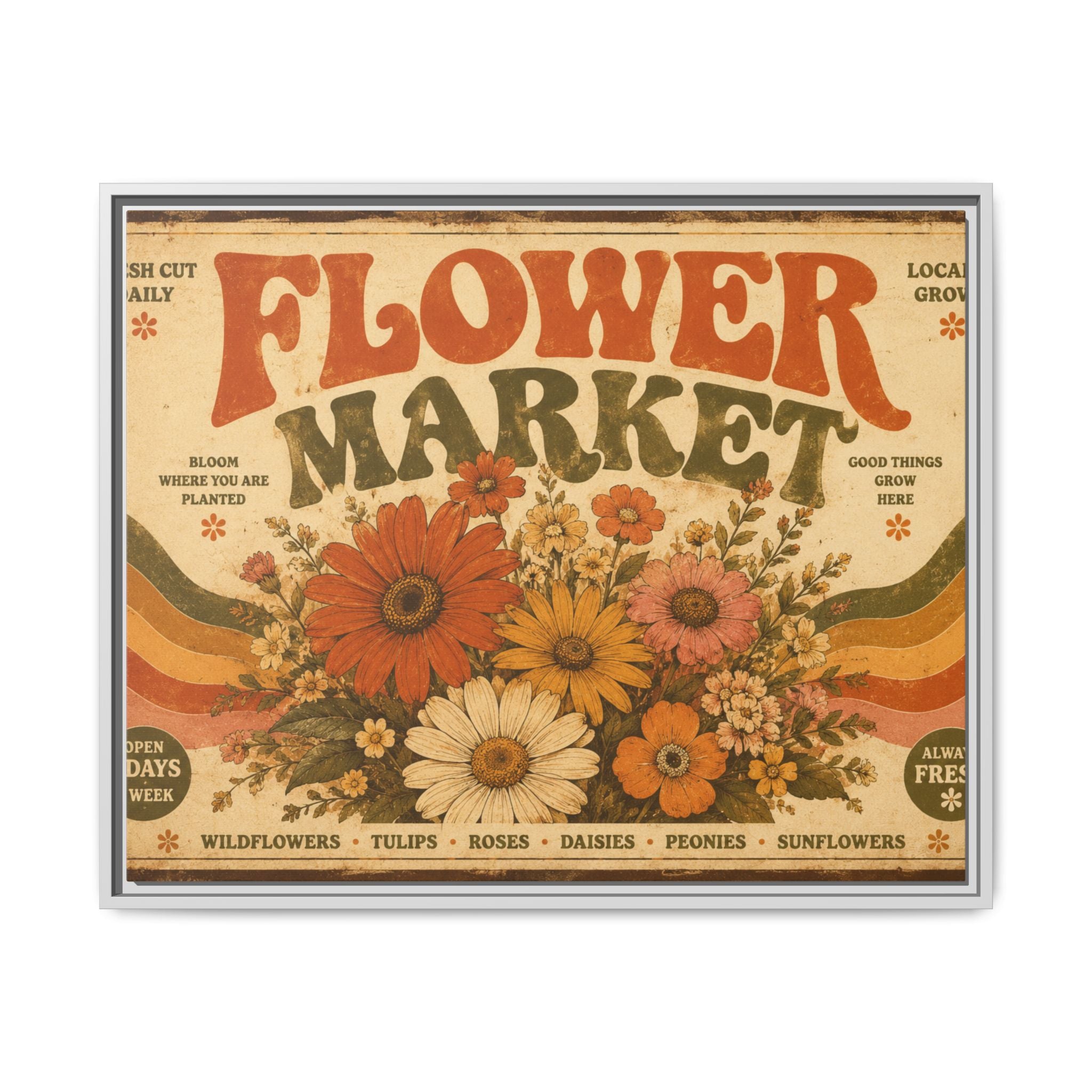 Vintage Flower Market Poster Print | Retro 70s Wall Art | Groovy Floral Decor
