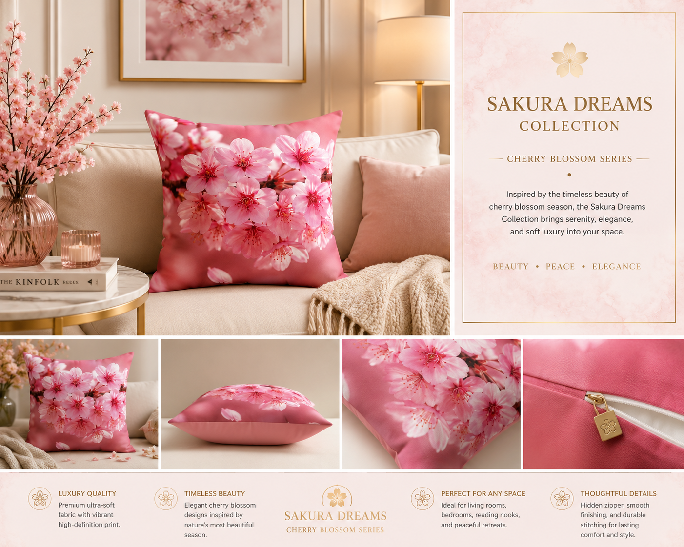 Sakura Blossom Decorative Pillow — Floral Spring Accent Cushion