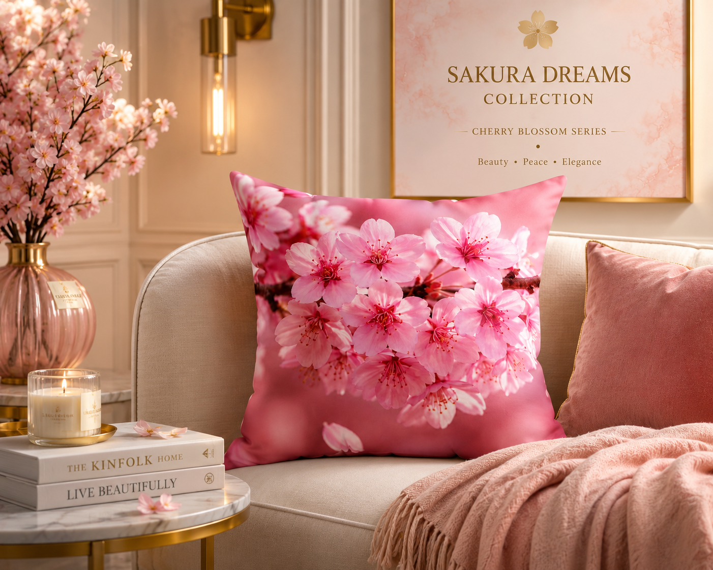 Sakura Blossom Decorative Pillow — Floral Spring Accent Cushion