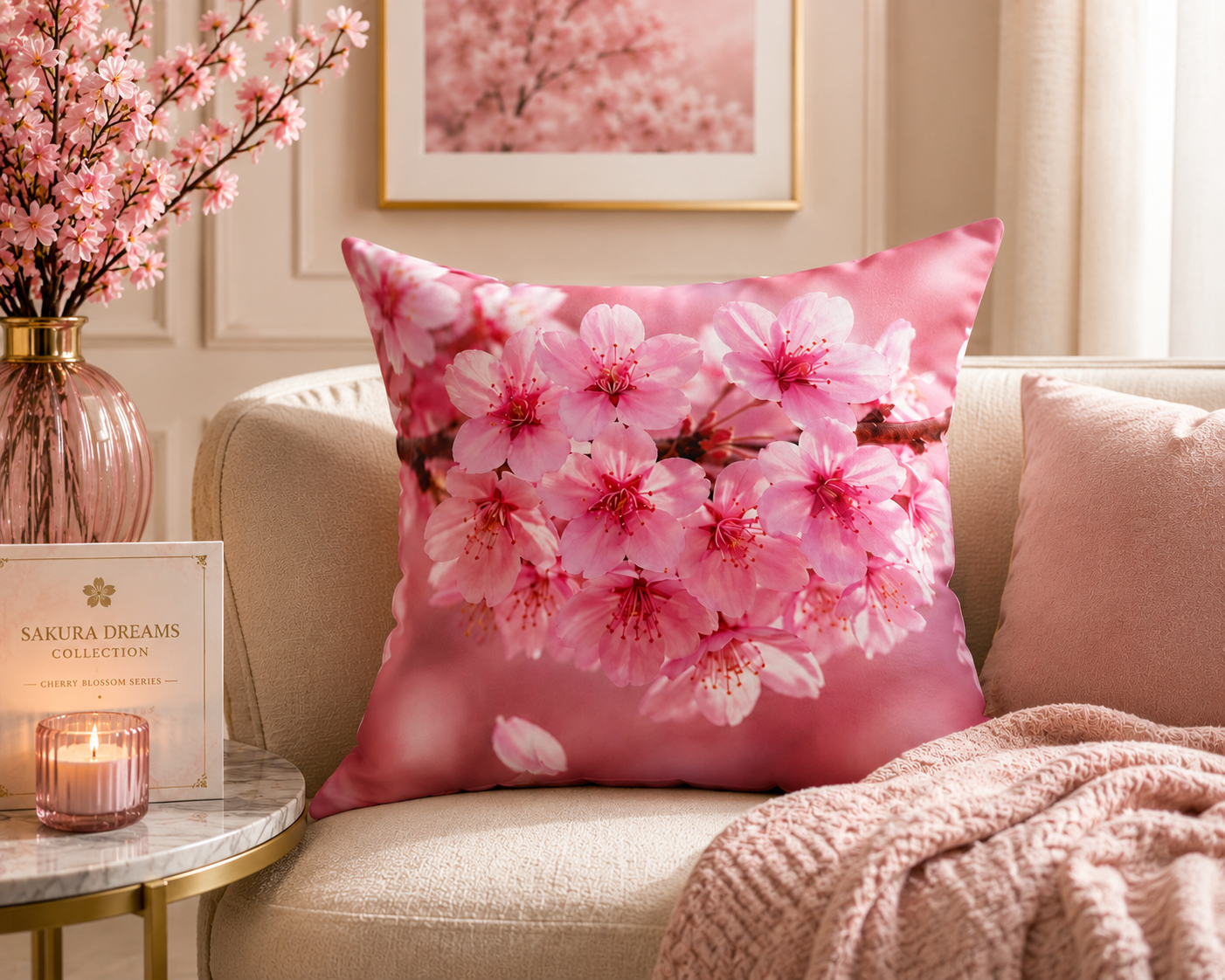 Sakura Blossom Decorative Pillow — Floral Spring Accent Cushion