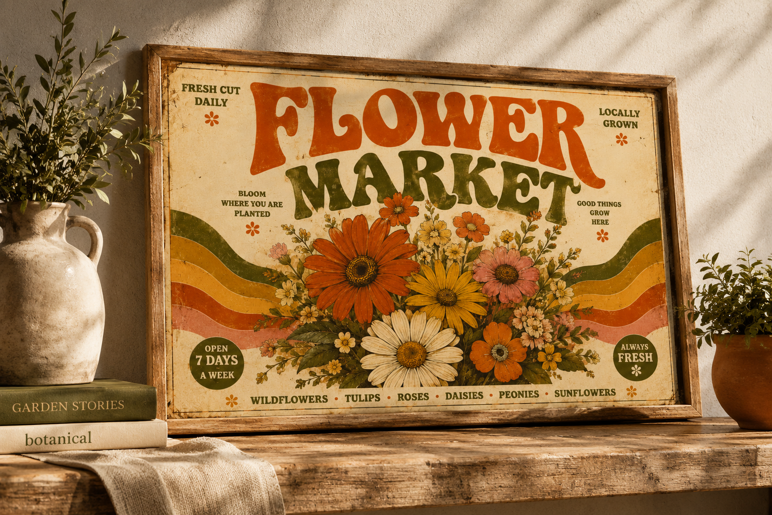 Vintage Flower Market Poster Print | Retro 70s Wall Art | Groovy Floral Decor