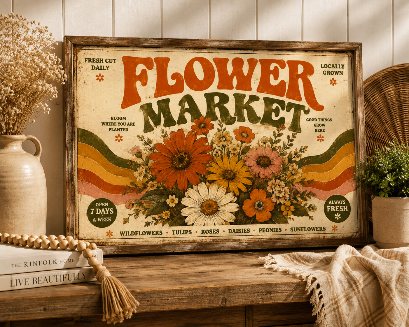 Vintage Flower Market Poster Print | Retro 70s Wall Art | Groovy Floral Decor