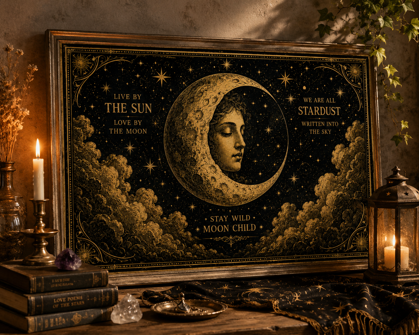 Vintage Celestial Moon Wall Art | Mystic Moon Child Poster | Gothic Boho Printable Decor | Antique Gold Celestial Print