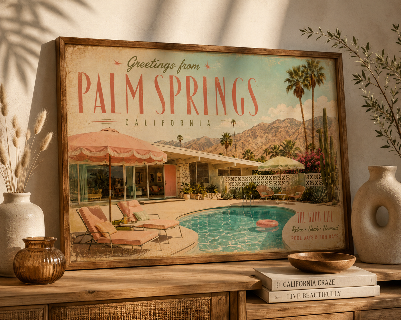 Vintage Palm Springs Travel Poster | Retro California Wall Art | Mid Century Modern Printable Decor | Desert Poolside Art