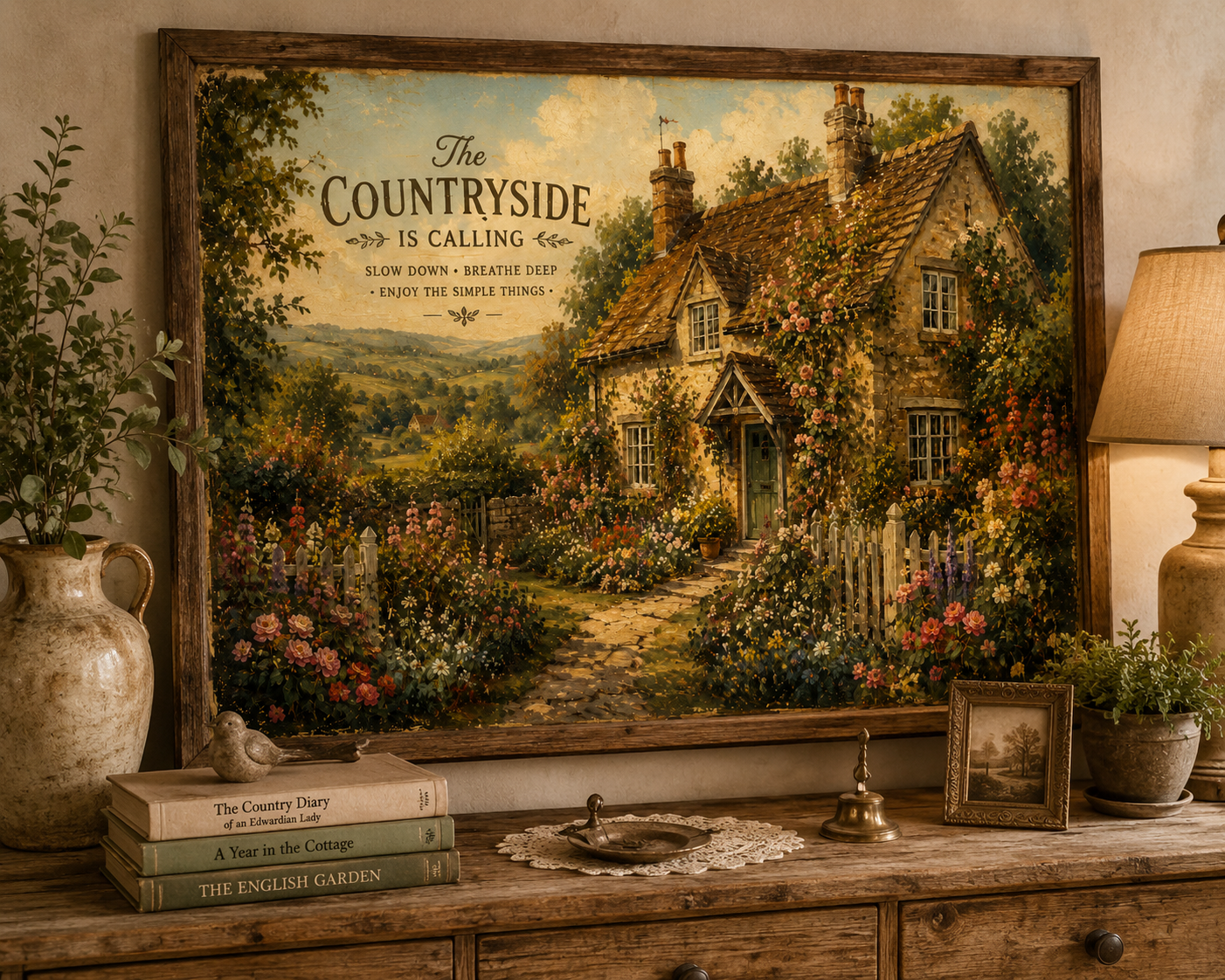 Vintage Cottagecore Wall Art | English Countryside Cottage Print | Rustic Farmhouse Decor | Romantic Floral Landscape