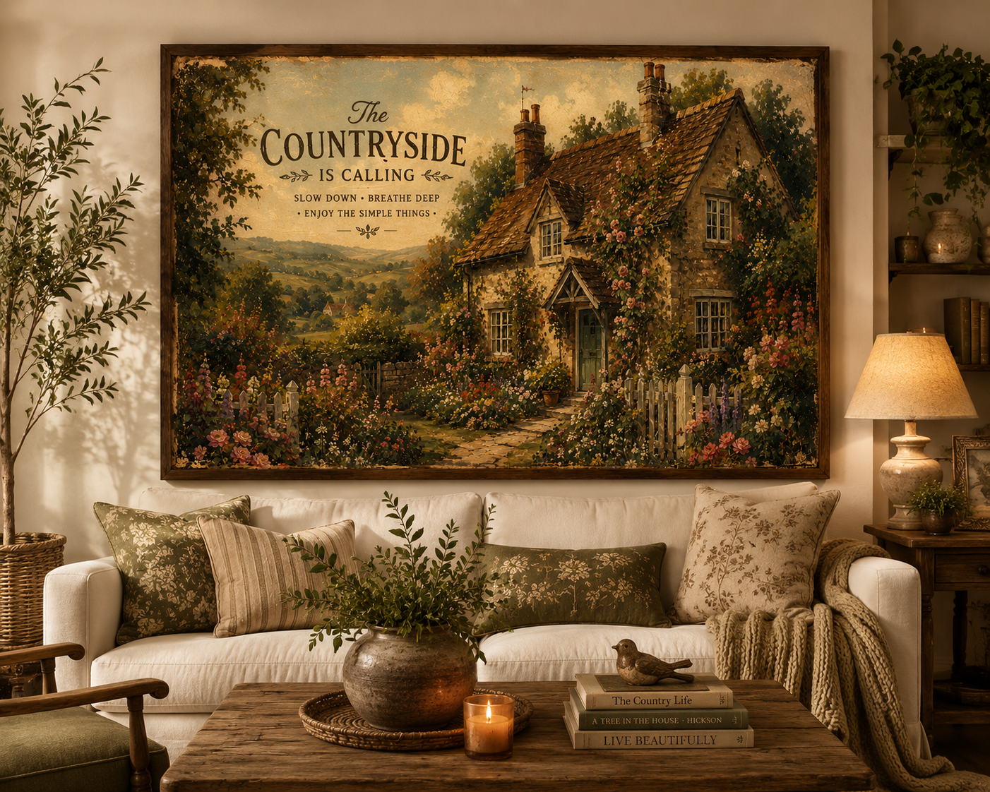 Vintage Cottagecore Wall Art | English Countryside Cottage Print | Rustic Farmhouse Decor | Romantic Floral Landscape