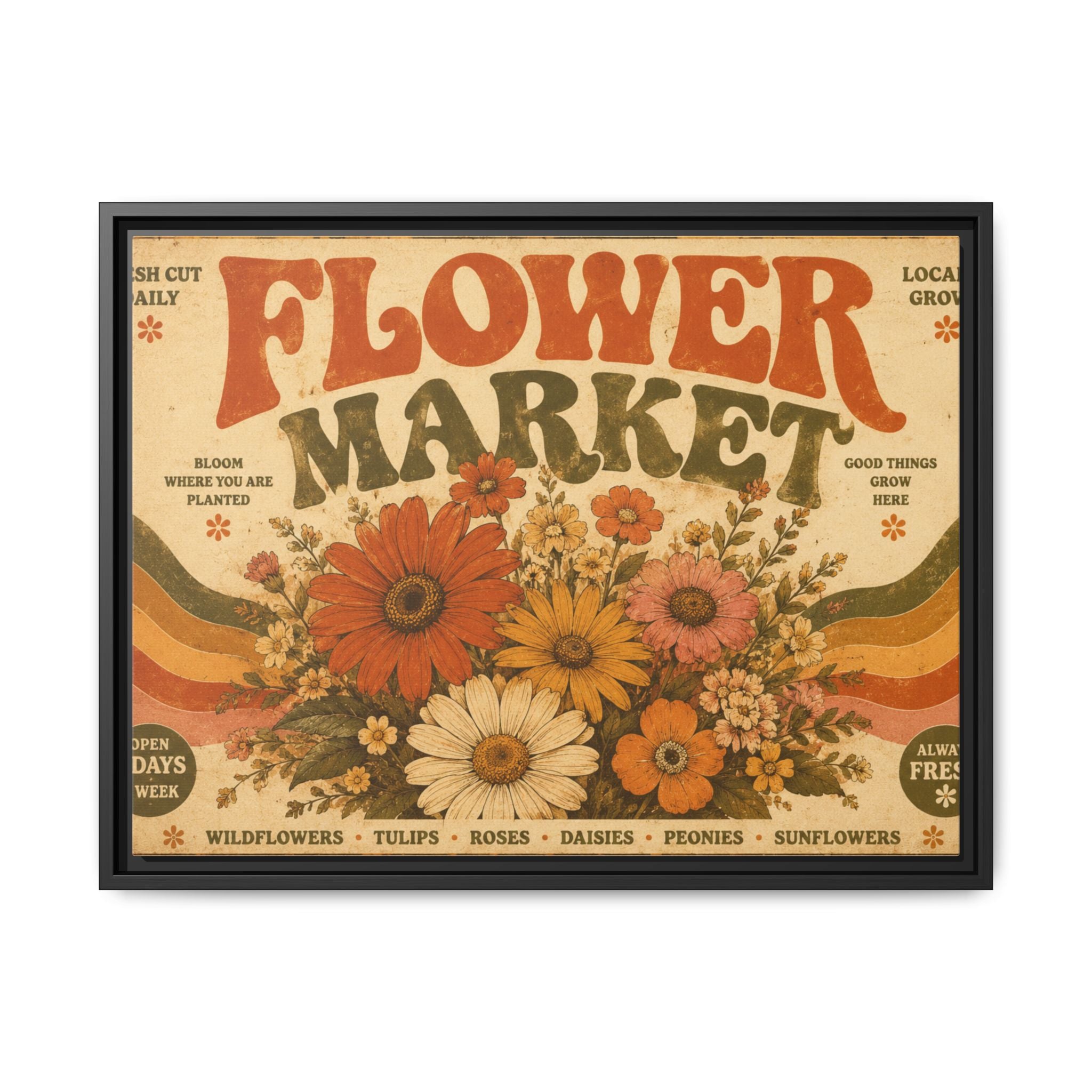 Vintage Flower Market Poster Print | Retro 70s Wall Art | Groovy Floral Decor