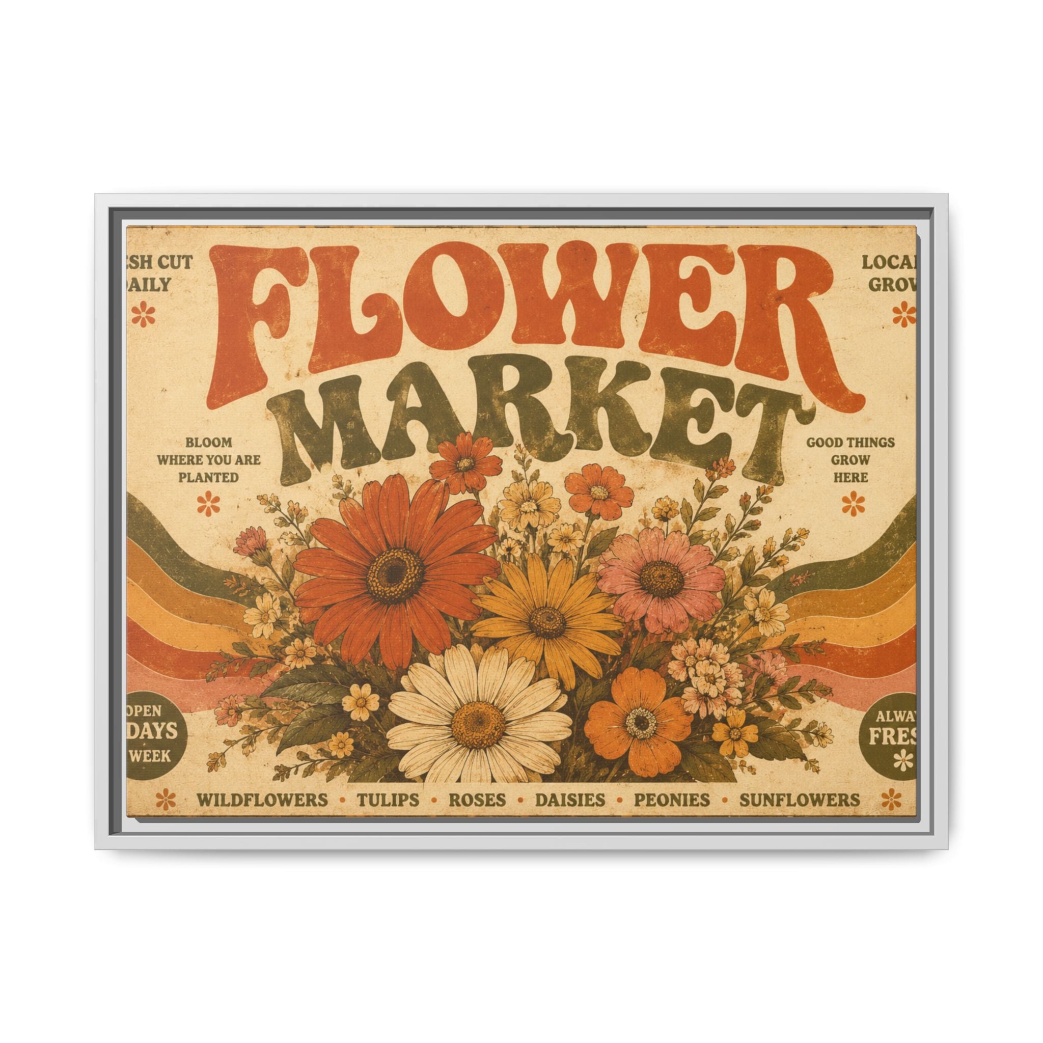 Vintage Flower Market Poster Print | Retro 70s Wall Art | Groovy Floral Decor