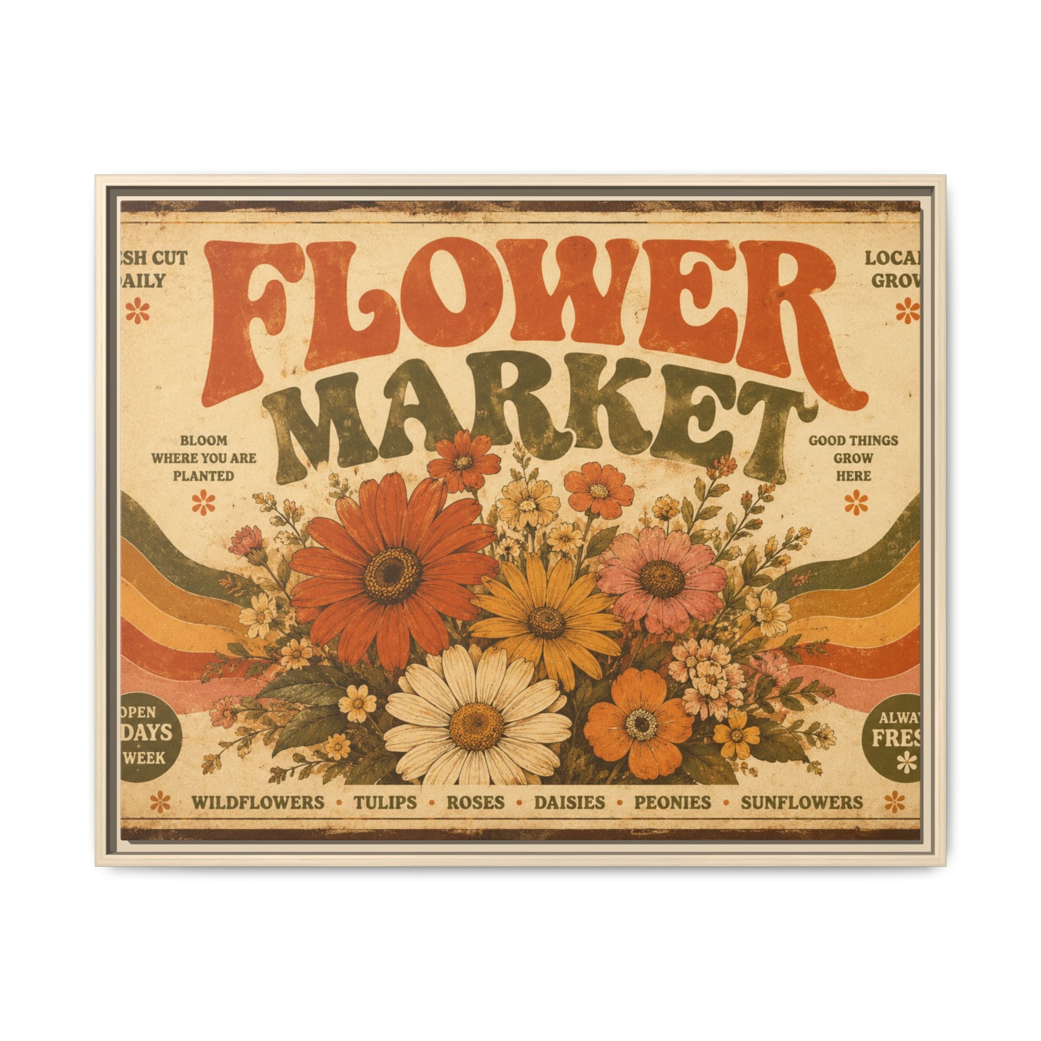 Vintage Flower Market Poster Print | Retro 70s Wall Art | Groovy Floral Decor