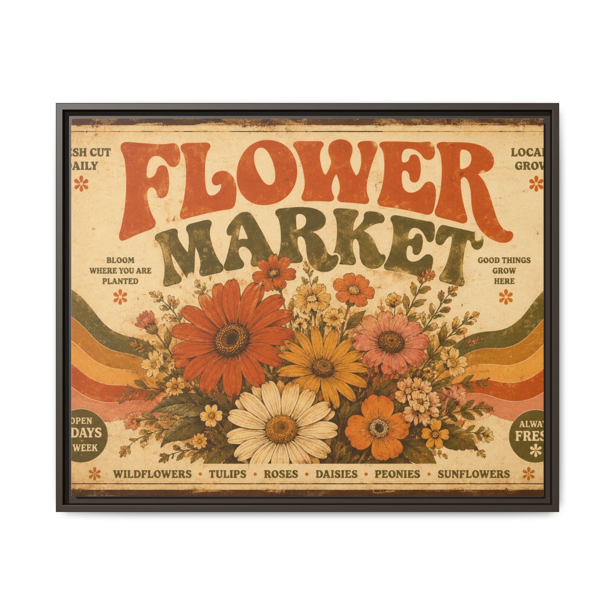 Vintage Flower Market Poster Print | Retro 70s Wall Art | Groovy Floral Decor